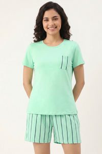 Zivame Thin Stripes Knit Cotton Short Set - Cabbage — thumbnail 5