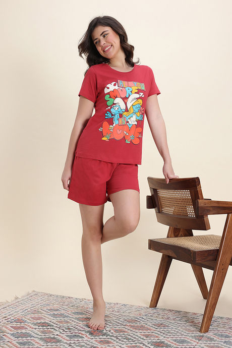 Zivame Smurf Collection Knit Cotton Short Set - Salsa — image 3
