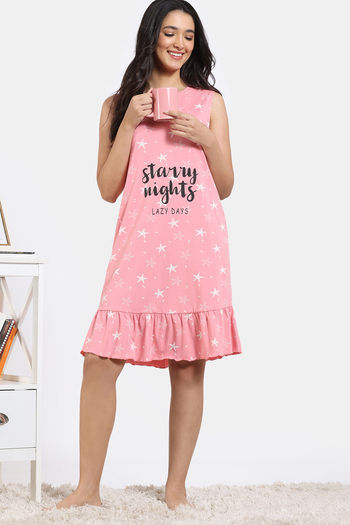 Zivame Joyful Jingles Knit Cotton Short Length Nightdress - Pink Icing