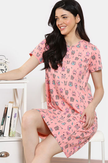 Zivame Joyful Jingles Knit Cotton Knee Length Nightdress - Candlelight Peach