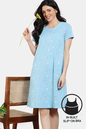 Zivame Starry Dreams Knit Cotton Knee Length Nightdress - Leisure Time