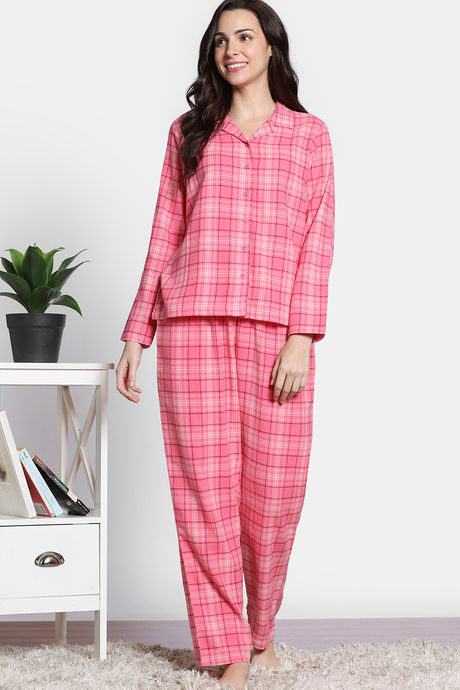 Zivame Checkered Charm Flannel Pyjama Set - Coral Cloud — image 2