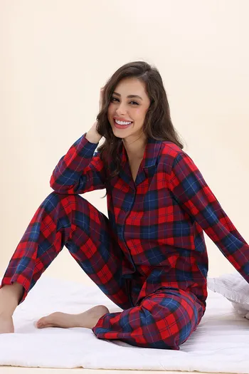 Zivame Checkered Charm Flannel Pyjama Set - High Risk Red