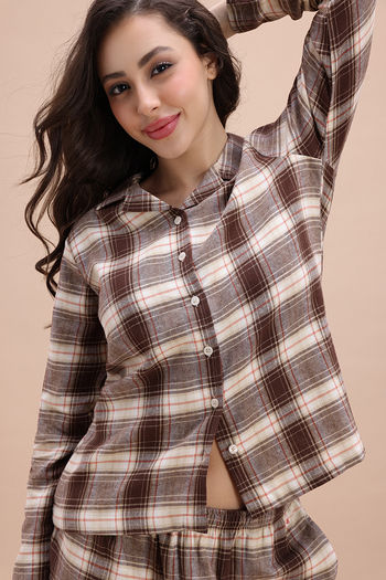 Zivame Checkered Charm Flannel Pyjama Set - Vanilla Ice