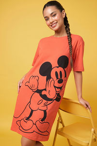Zivame Mickey and Friends Knit Cotton Loungewear Dress - Orange Rust — thumbnail 1