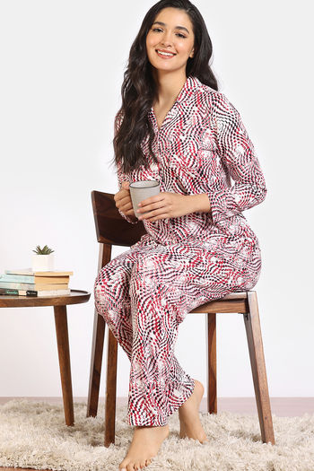 Zivame Print Fusion Knit Poly Pyjama Set - Snow White