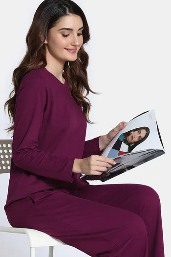 Zivame Knit Cotton Pyjama Set - Plum Caspia
