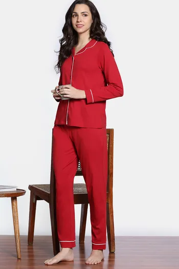 Zivame Winter Whispers Knit Cotton Pyjama Set - Haute Red