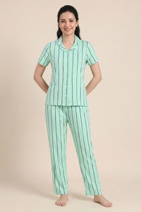 Zivame Thin Stripes Knit Cotton Pyjama Set - Cabbage — thumbnail 1