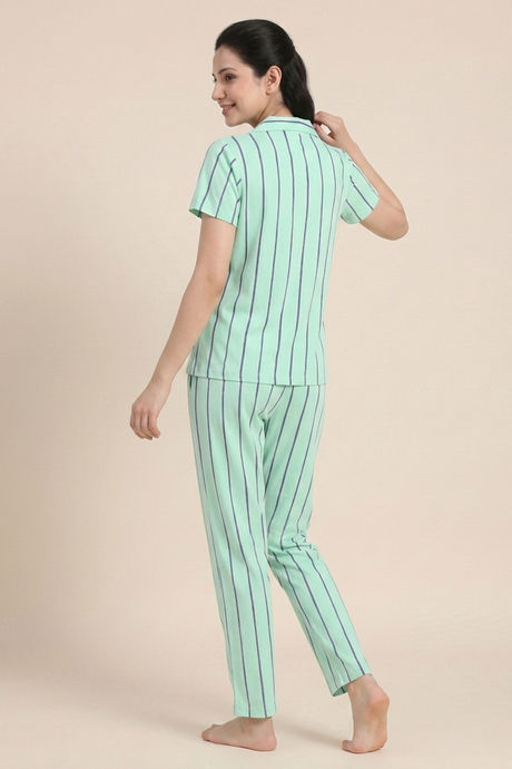 Zivame Thin Stripes Knit Cotton Pyjama Set - Cabbage — image 2