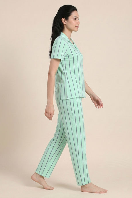 Zivame Thin Stripes Knit Cotton Pyjama Set - Cabbage — image 3