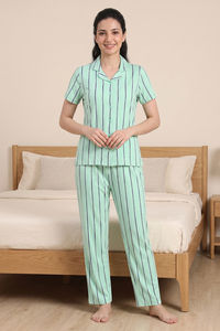 Zivame Thin Stripes Knit Cotton Pyjama Set - Cabbage — thumbnail 5