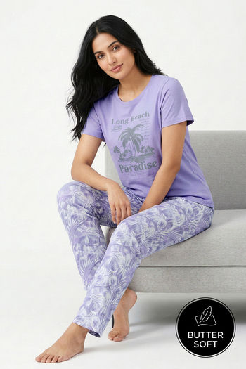 Zivame Beach Paradise Buttersoft Knit Poly Pyjama Set - Blanc De