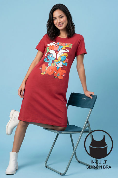 Buy Zivame Smurf Collection Knit Cotton Mid Length Nightdress - Salsa