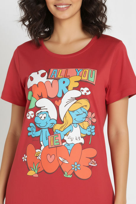 Zivame Smurf Collection Knit Cotton Mid Length Nightdress - Salsa — image 5