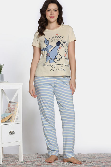 Zivame Farm Lore Knit Cotton Pyjama Set - Beige — image 2