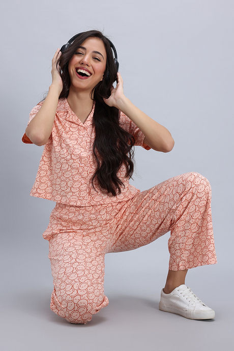 Zivame Smiley World Knit Cotton Loungewear Set - Peach Parfait — image 5