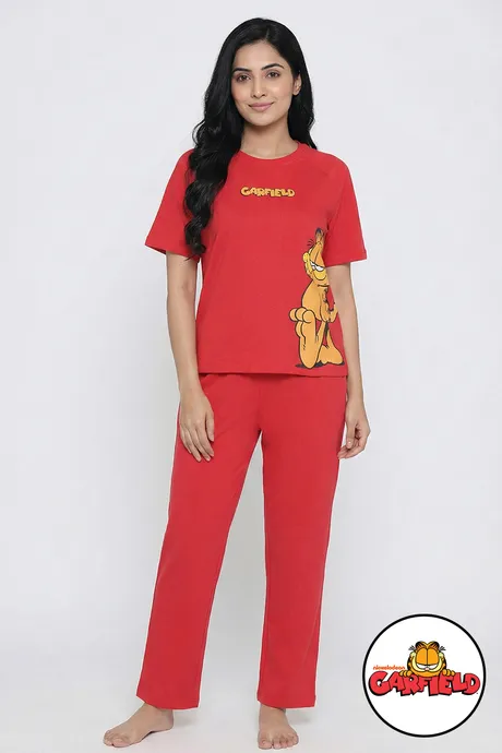 Zivame Garfield Knit Cotton Loungewear Set - Mars Red