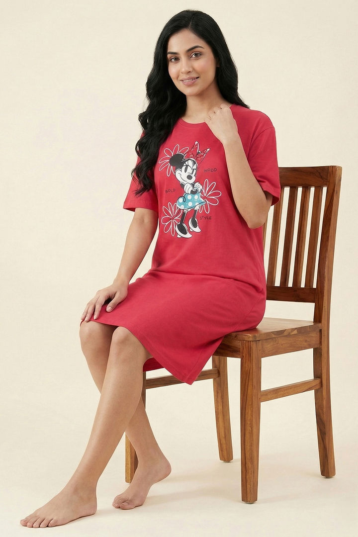 Zivame Minnie Mouse Knit Cotton Loungwear Dress - Raspberry — image 3