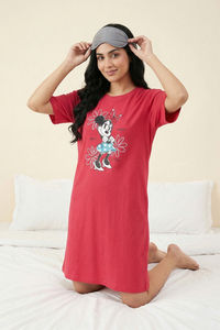 Zivame Minnie Mouse Knit Cotton Loungwear Dress - Raspberry — thumbnail 4