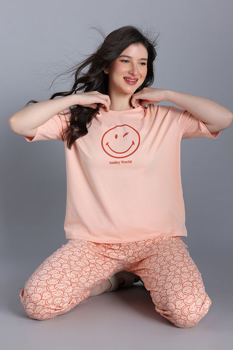 Zivame Smiley World 2 Mile Fashion Knit Cotton Loungewear Set - Peach Parfait — image 5