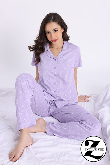 Zivame Knit Cotton Pyjama Set - Lavender Fog