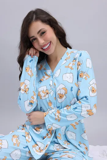 Zivame Winnie the Pooh Knit Cotton Pyjama Set - Crystal Blue