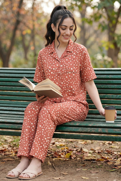 Zivame Dot & Doze Knit Poly Pyjama Set - Raw Sienna