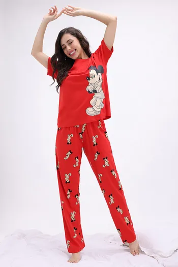 Zivame Mickey and Friends Knit Cotton Pyjama Set - High Rise Red