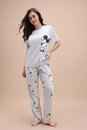 Zivame Mickey and Friends Knit Cotton Pyjama Set - Vapor Blue