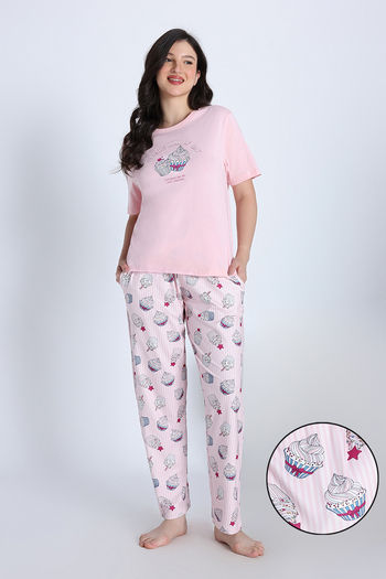 Zivame Cup Cake Knit Poly Pyjama Set - Heavenly Pink
