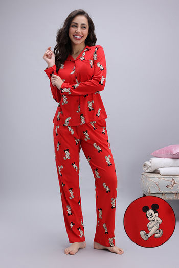 Zivame Mickey Mouse Knit Cotton Pyjama Set - High Rise Red