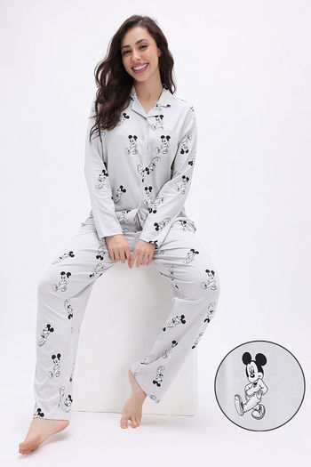 Zivame Mickey Mouse Knit Cotton Pyjama Set - Vapor Blue