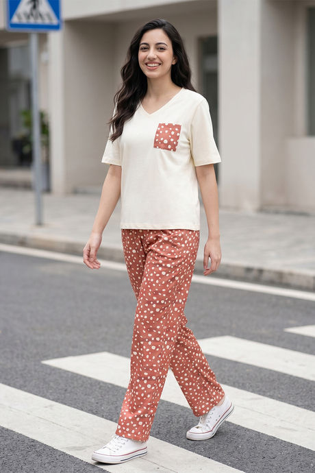 Zivame Dot & Doze Knit Cotton Pyjama Set - Raw Sienna