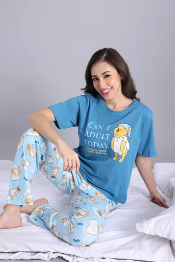 Zivame Winnie the Pooh Knit Cotton Pyjama Set - Vivid Blue