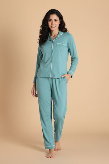 Zivame Knit Cotton Pyjama Set - Beryl Green