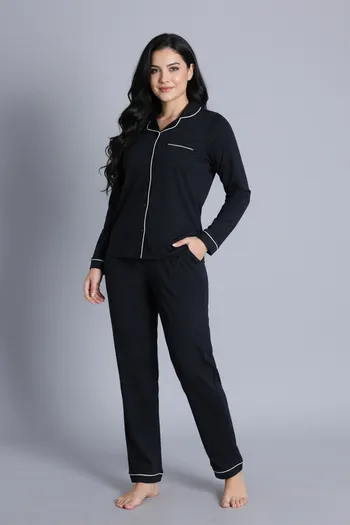 Zivame Knit Cotton Pyjama Set - Black Beauty
