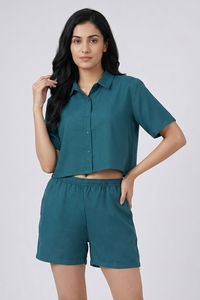 Zivame Mock Linen Woven Loungewear Set - Mediterranean — thumbnail 2