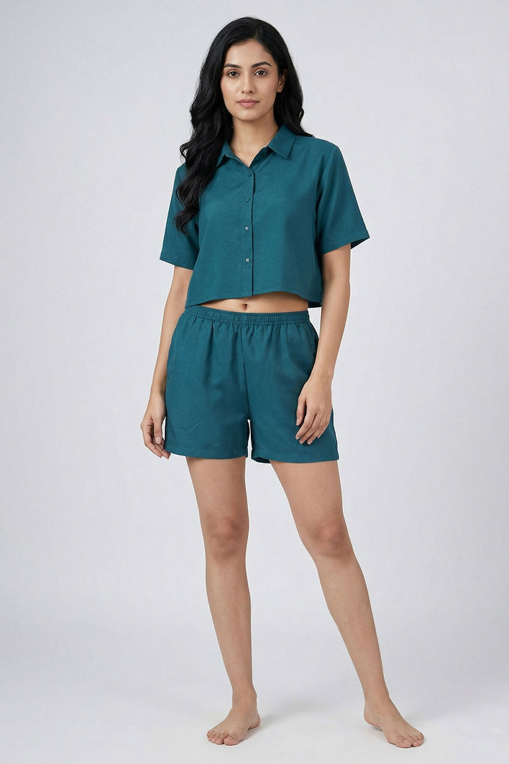 Zivame Mock Linen Woven Loungewear Set - Mediterranean — image 4
