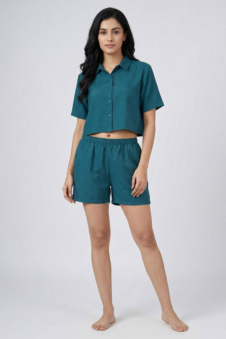 Zivame Mock Linen Woven Loungewear Set - Mediterranean — image 4