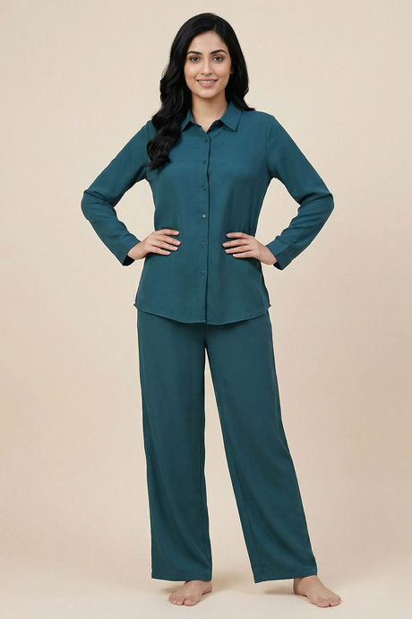 Zivame Mock Linen Woven Loungewear Set - Mediterranean — image 2