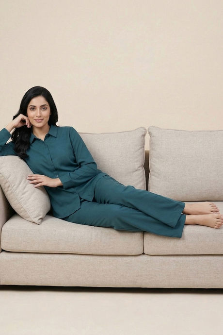 Zivame Mock Linen Woven Loungewear Set - Mediterranean — image 5