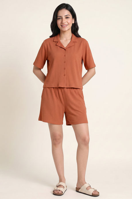 Zivame Seersucker Knit Cotton Loungewear Short Set - Cork — image 2