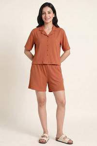 Zivame Seersucker Knit Cotton Loungewear Short Set - Cork — thumbnail 2