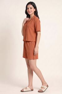 Zivame Seersucker Knit Cotton Loungewear Short Set - Cork — thumbnail 3