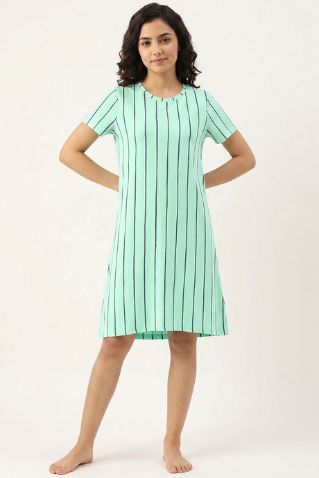 Zivame Thin Stripes Knit Cotton Knee Length Nightdress - Cabbage — image 2