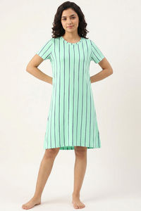 Zivame Thin Stripes Knit Cotton Knee Length Nightdress - Cabbage — thumbnail 2