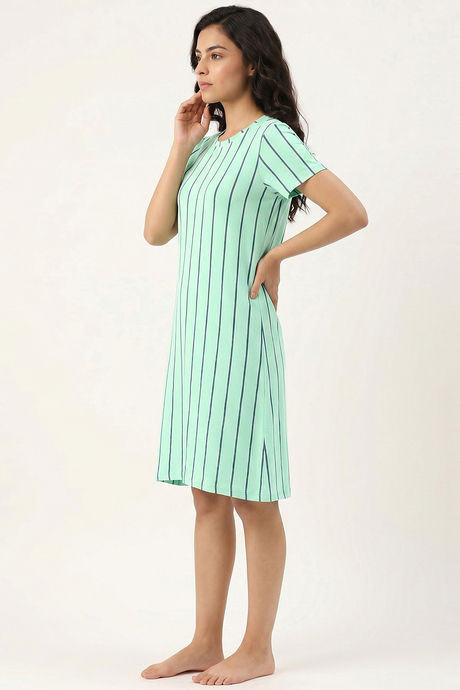 Zivame Thin Stripes Knit Cotton Knee Length Nightdress - Cabbage — image 3