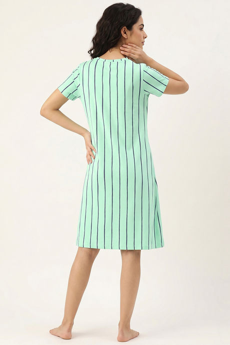 Zivame Thin Stripes Knit Cotton Knee Length Nightdress - Cabbage — image 4