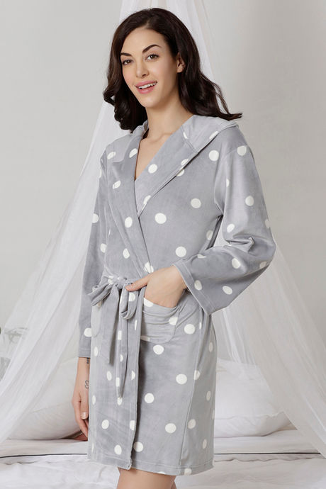 Zivame Velvety Soft Hooded Butter-Soft Poly Knit Robe - Grey N Print — image 2